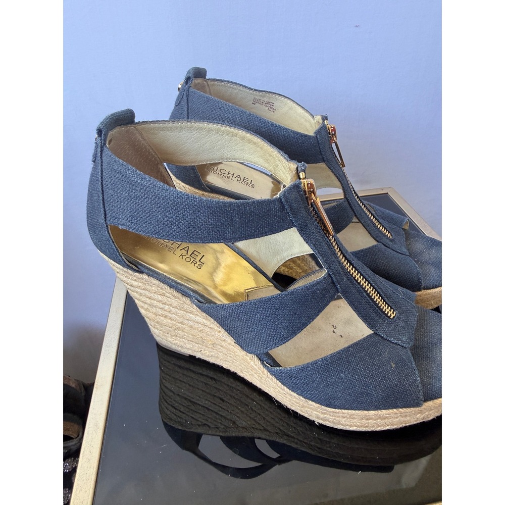 Michael Michael Kors Damita Navy Blue Espadrille Wedge Sandals Gold Zip RH14L 9M - Picture 4 of 7